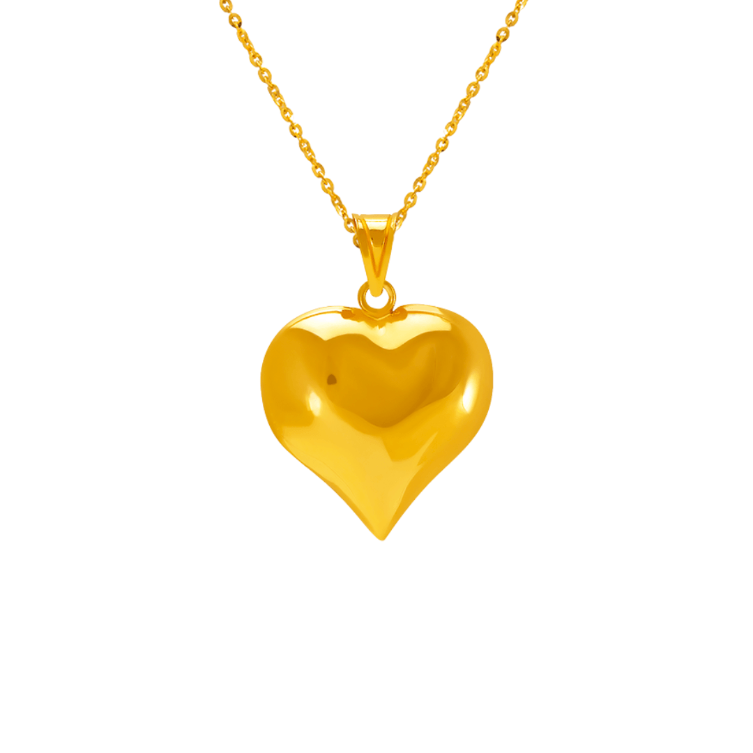 14K yellow gold heart puff pendant on necklace, showcasing high polish and hollow design with elegant shine.