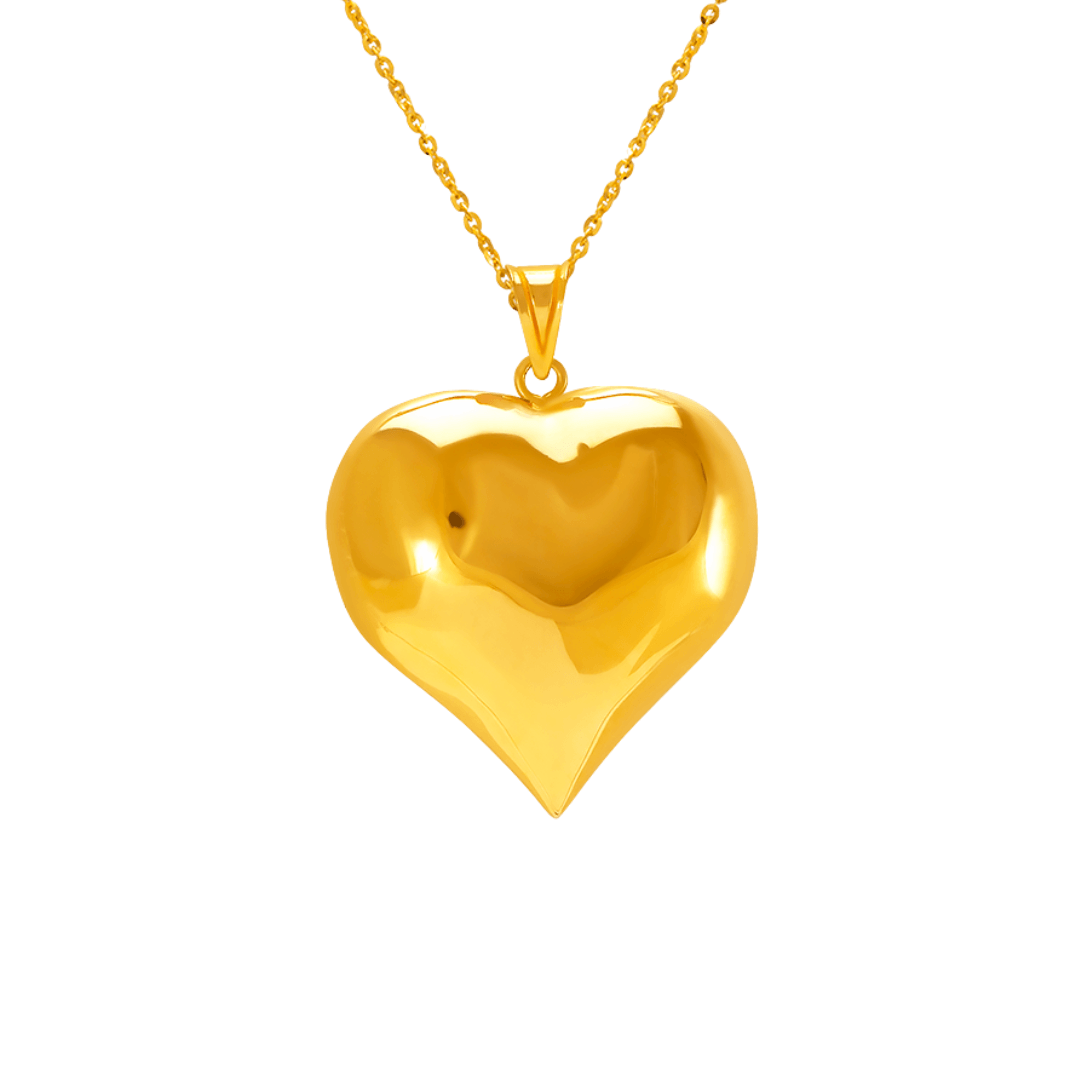 14K yellow gold heart puff pendant on a delicate chain, showcasing a polished, hollow heart design.