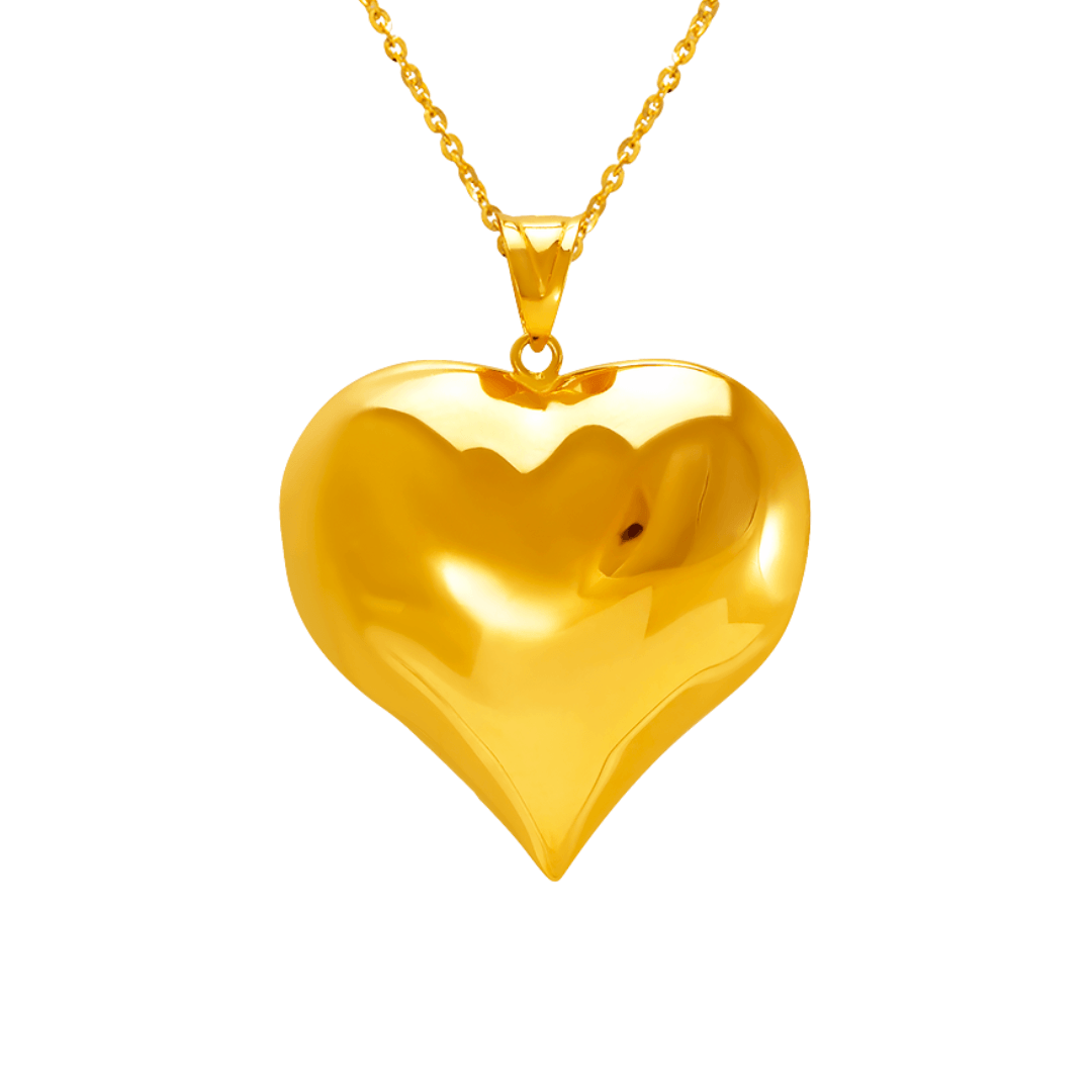 14K yellow gold heart puff pendant necklace with a polished finish and hollow design.