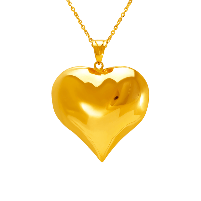 14K yellow gold heart puff pendant necklace with a polished finish and hollow design.