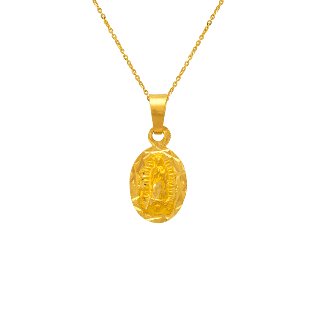 14K Yellow Gold Diamond Cut Oval Guadalupe Scapular Pendant