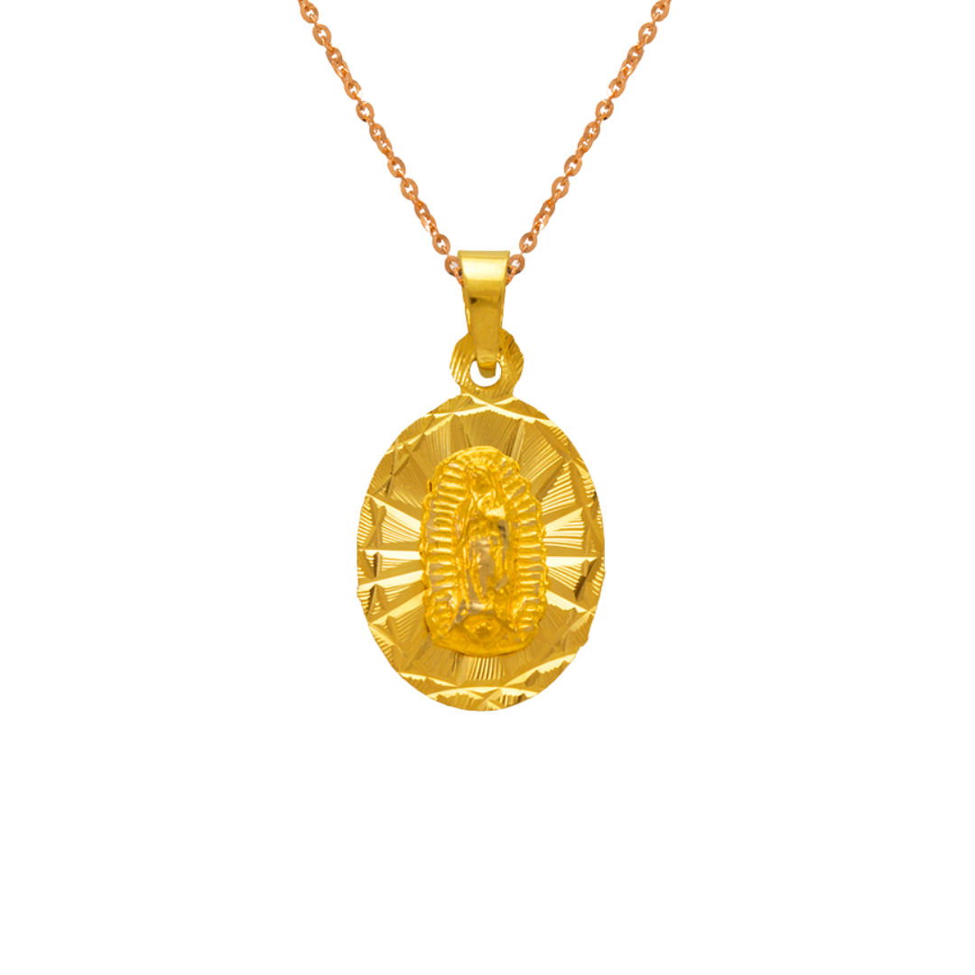14K Yellow Gold Diamond Cut Oval Guadalupe Scapular Pendant