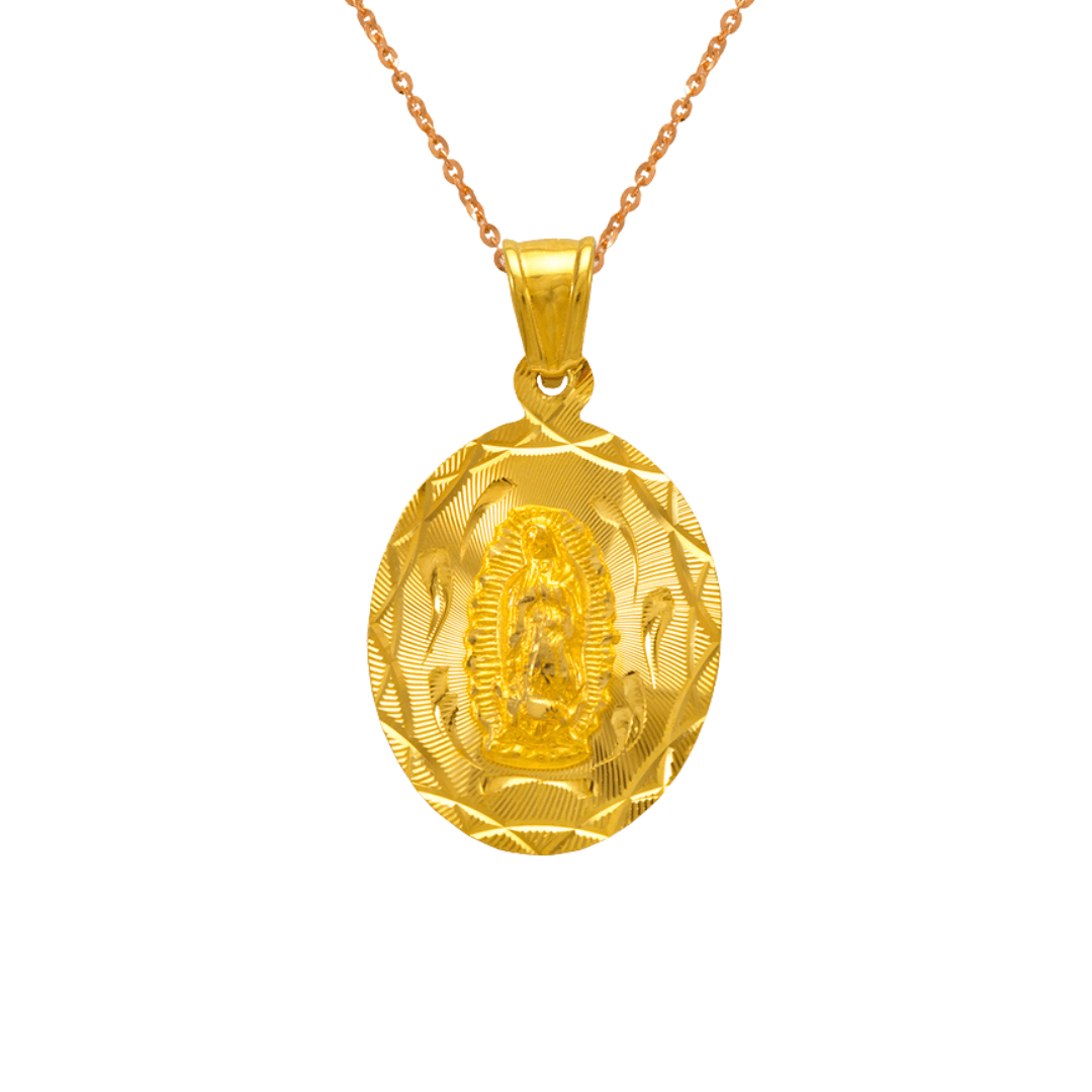 14K Yellow ,White,Tricolor Gold Diamond Cut Oval Guadalupe Scapular Religious Pendant