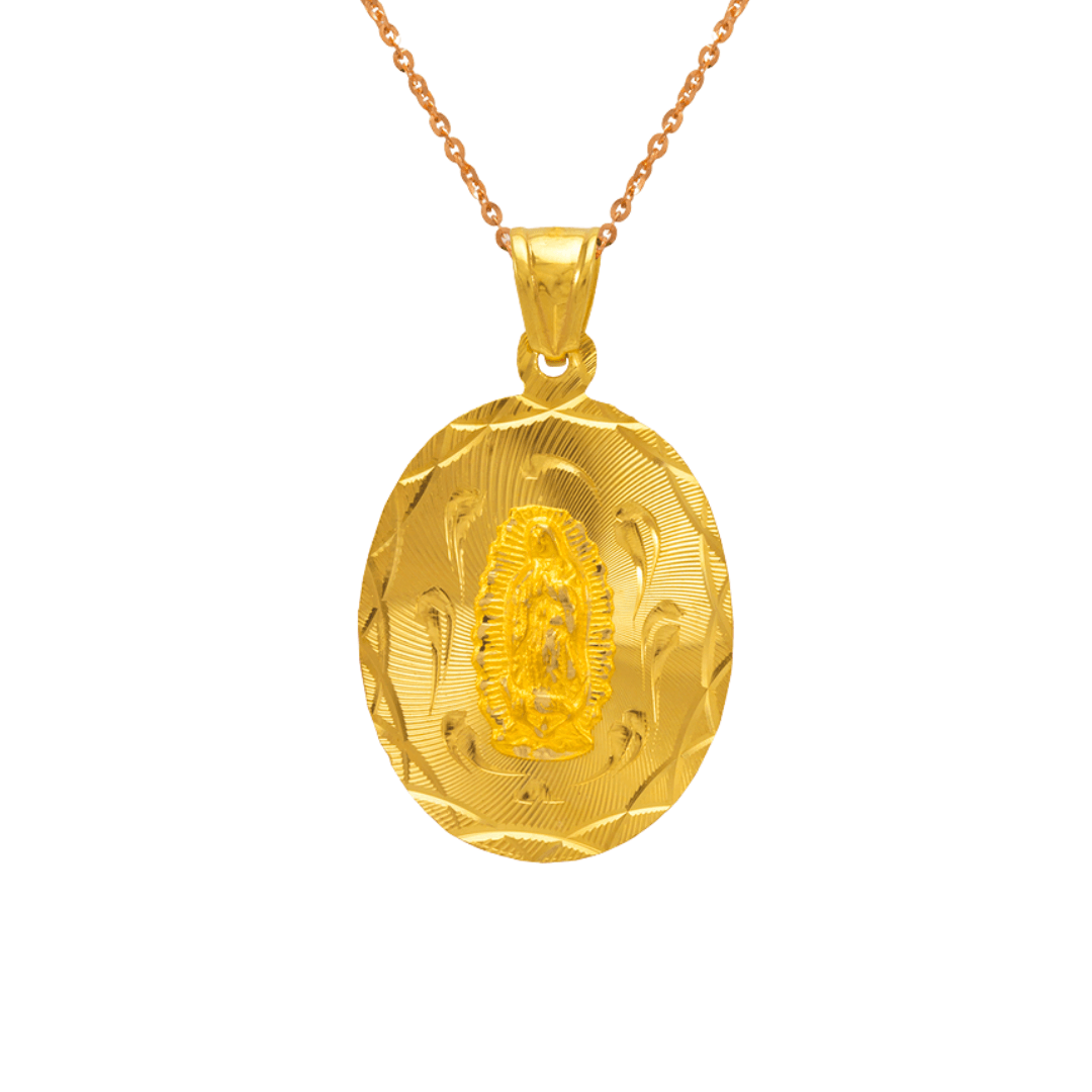 14K Yellow ,White,Tricolor Gold Diamond Cut Oval Guadalupe Scapular Religious Pendant