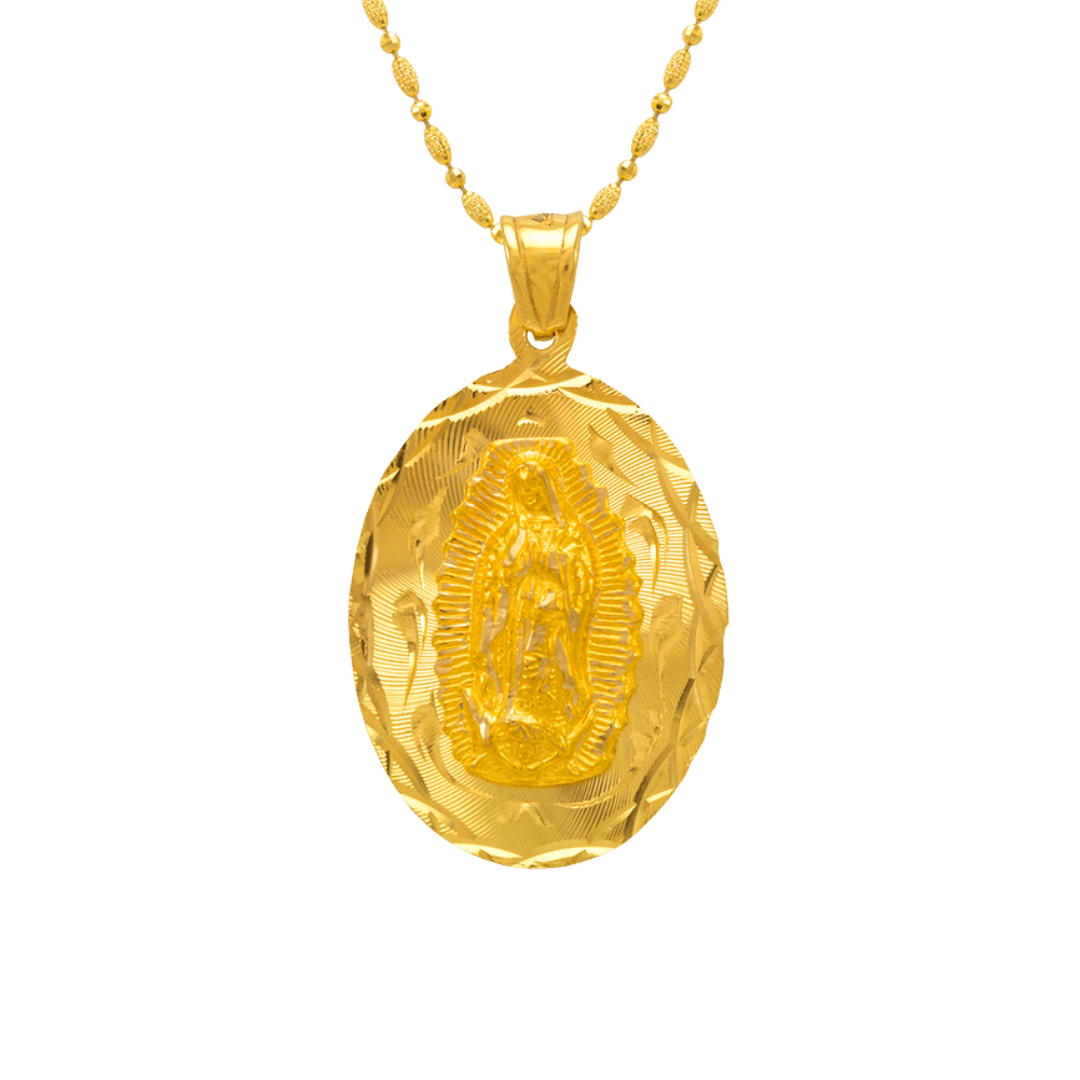 14K Yellow ,White,Tricolor Gold Diamond Cut Oval Guadalupe Scapular Religious Pendant