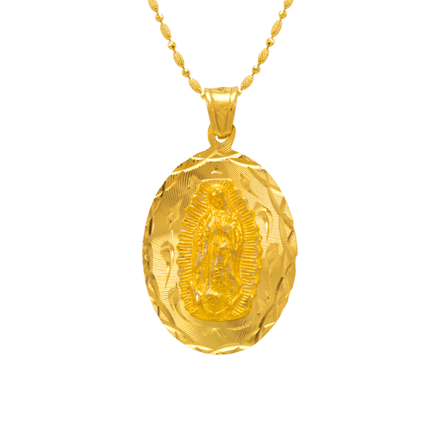 14K Yellow ,White,Tricolor Gold Diamond Cut Oval Guadalupe Scapular Religious Pendant