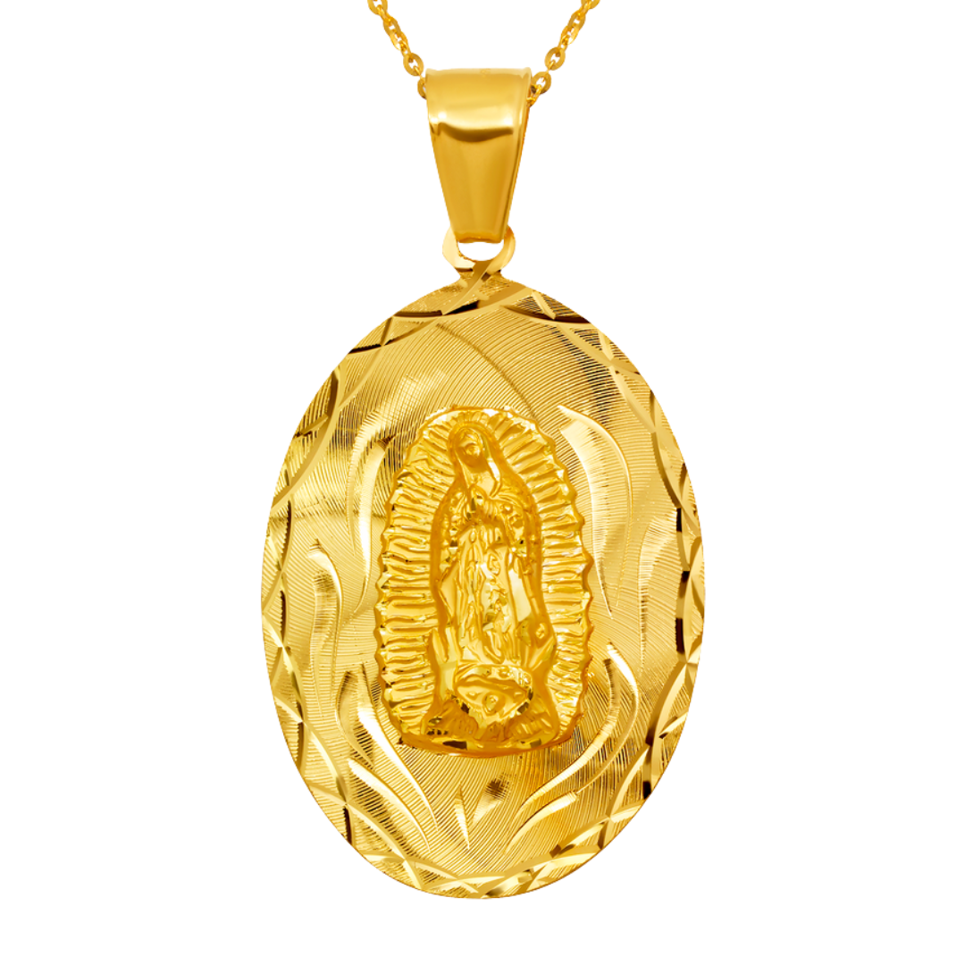 14K Yellow ,White,Tricolor Gold Diamond Cut Oval Guadalupe Scapular Religious Pendant