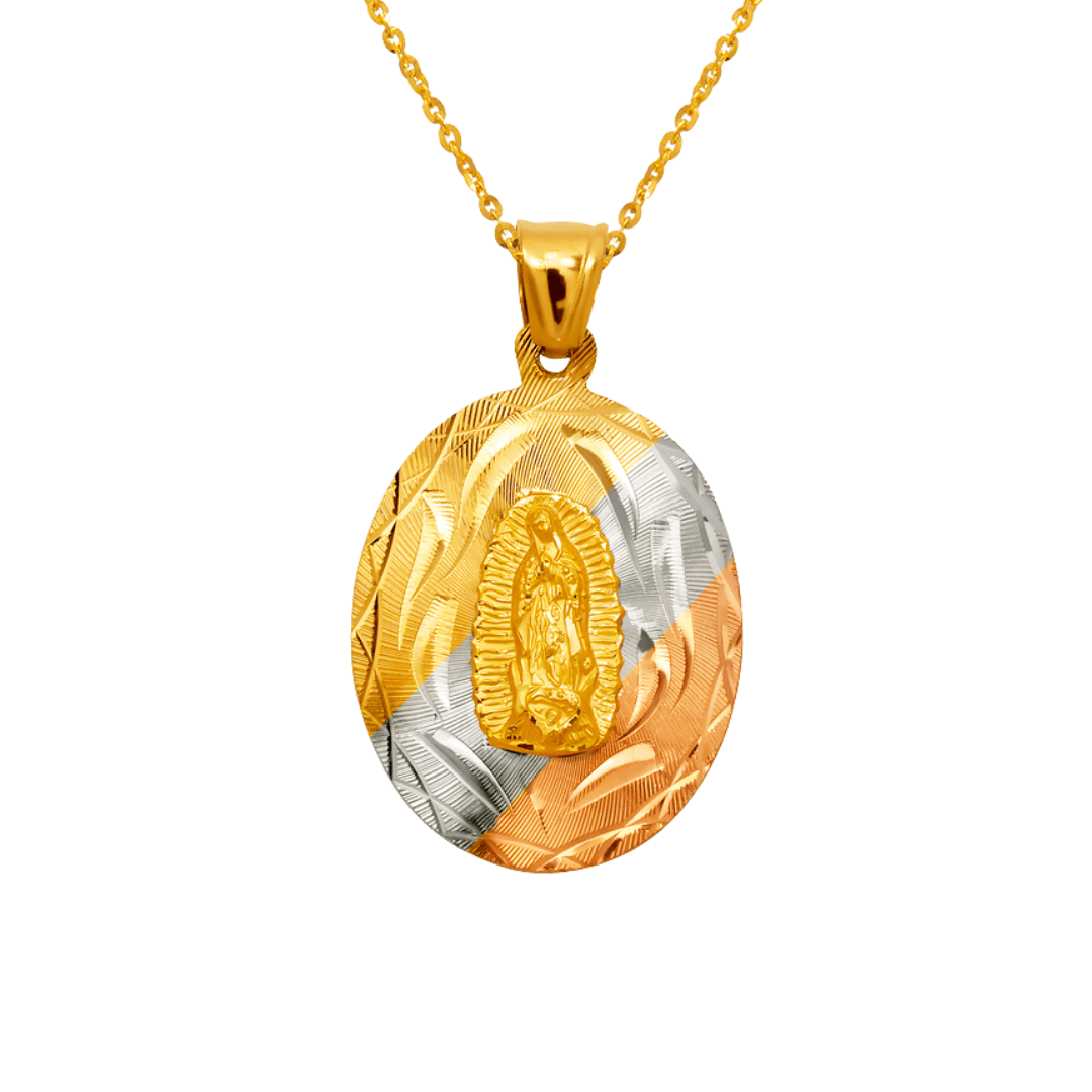 14K Yellow ,White,Tricolor Gold Diamond Cut Oval Guadalupe Scapular Religious Pendant