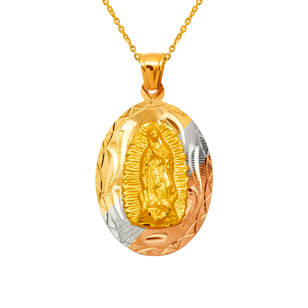 14K Yellow ,White,Tricolor Gold Diamond Cut Oval Guadalupe Scapular Religious Pendant