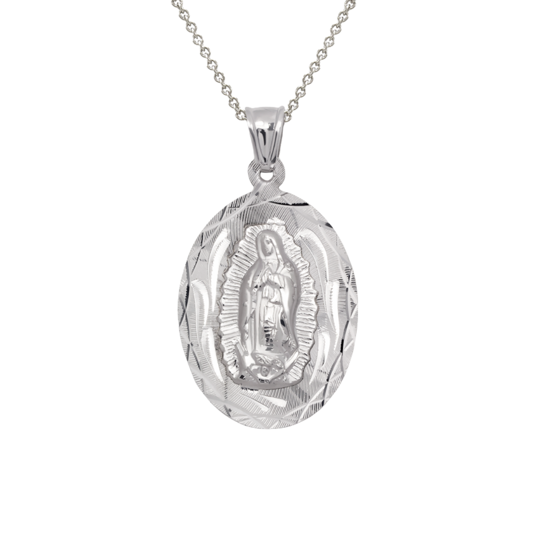 14K Yellow ,White,Tricolor Gold Diamond Cut Oval Guadalupe Scapular Religious Pendant