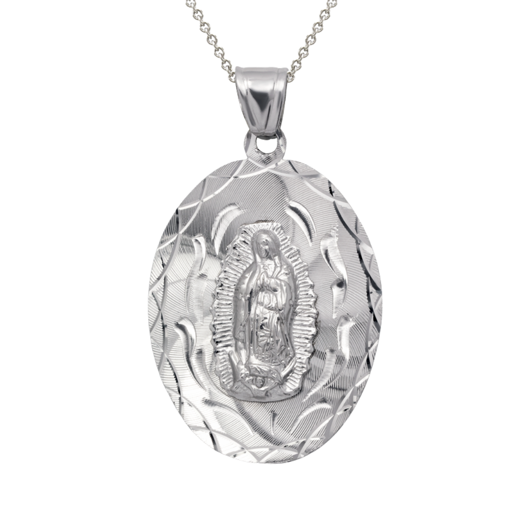 14K Yellow ,White,Tricolor Gold Diamond Cut Oval Guadalupe Scapular Religious Pendant