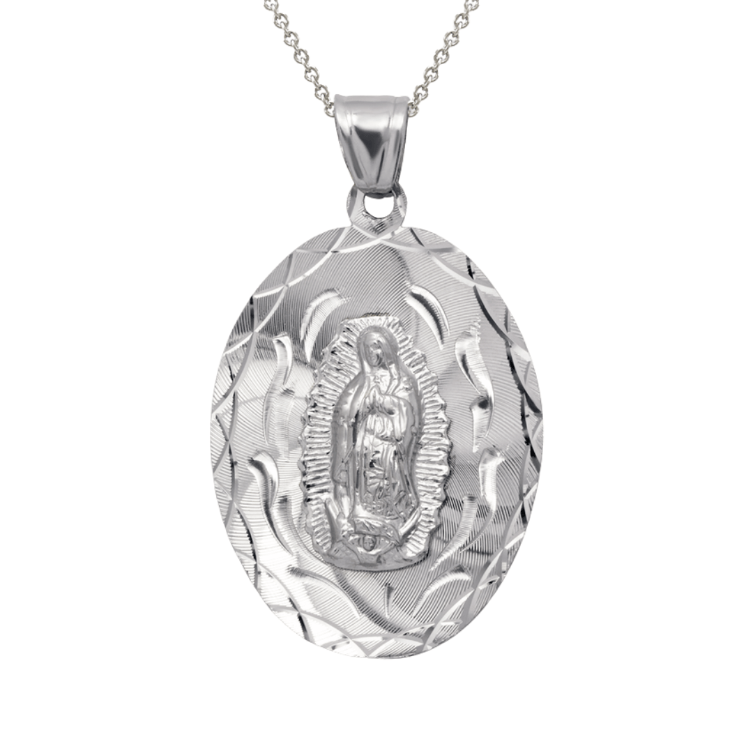 14K Yellow ,White,Tricolor Gold Diamond Cut Oval Guadalupe Scapular Religious Pendant
