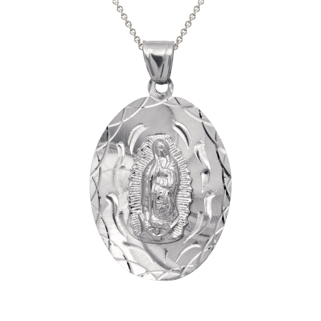 14K Yellow ,White,Tricolor Gold Diamond Cut Oval Guadalupe Scapular Religious Pendant