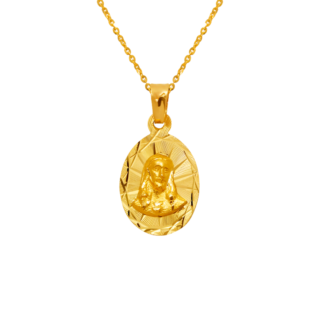 14K Yellow,Tricolor Gold Diamond Cut Oval Sacred Heart Scapular Pendant