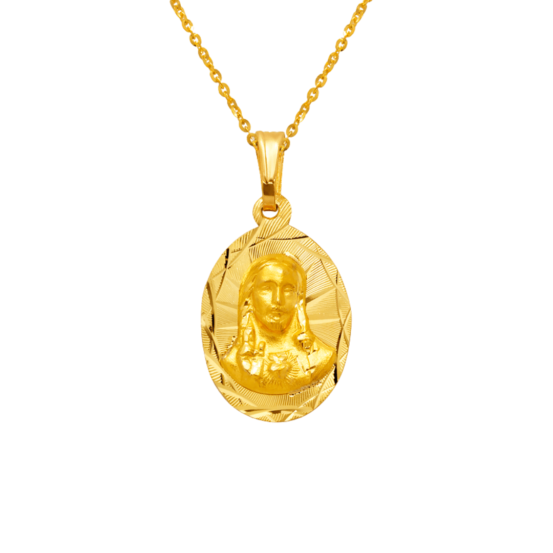 14K Yellow,Tricolor Gold Diamond Cut Oval Sacred Heart Scapular Pendant
