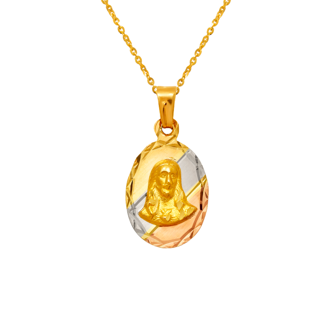 14K Yellow,Tricolor Gold Diamond Cut Oval Sacred Heart Scapular Pendant