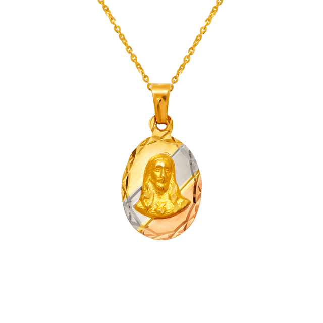 14K Yellow,Tricolor Gold Diamond Cut Oval Sacred Heart Scapular Pendant