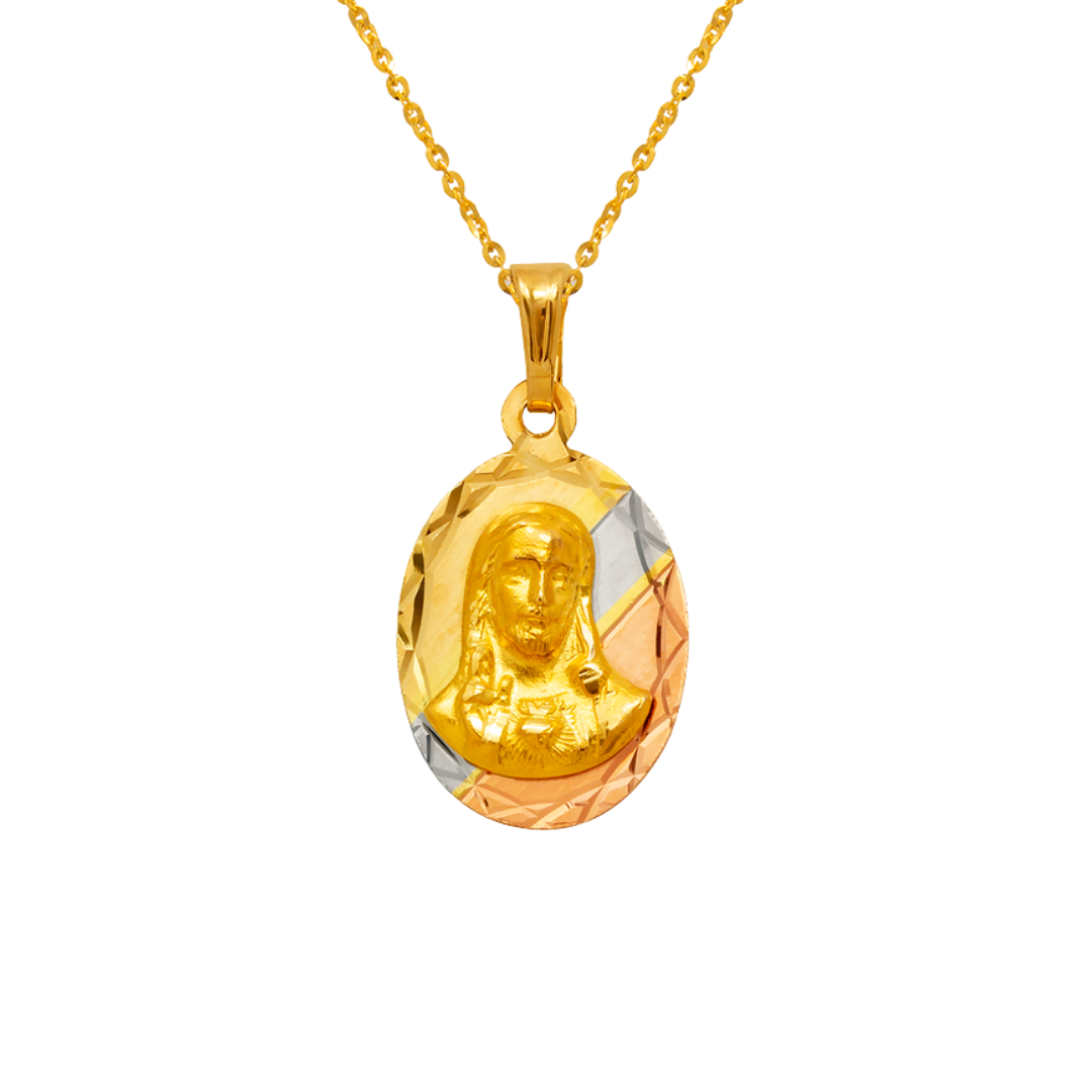 14K Yellow,Tricolor Gold Diamond Cut Oval Sacred Heart Scapular Pendant