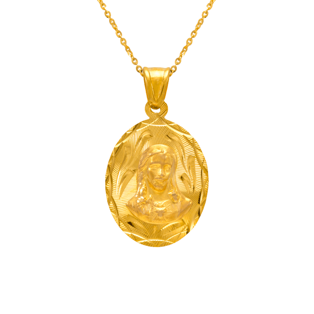 14K Yellow,Tricolor Gold Diamond Cut Oval Sacred Heart Scapular Pendant