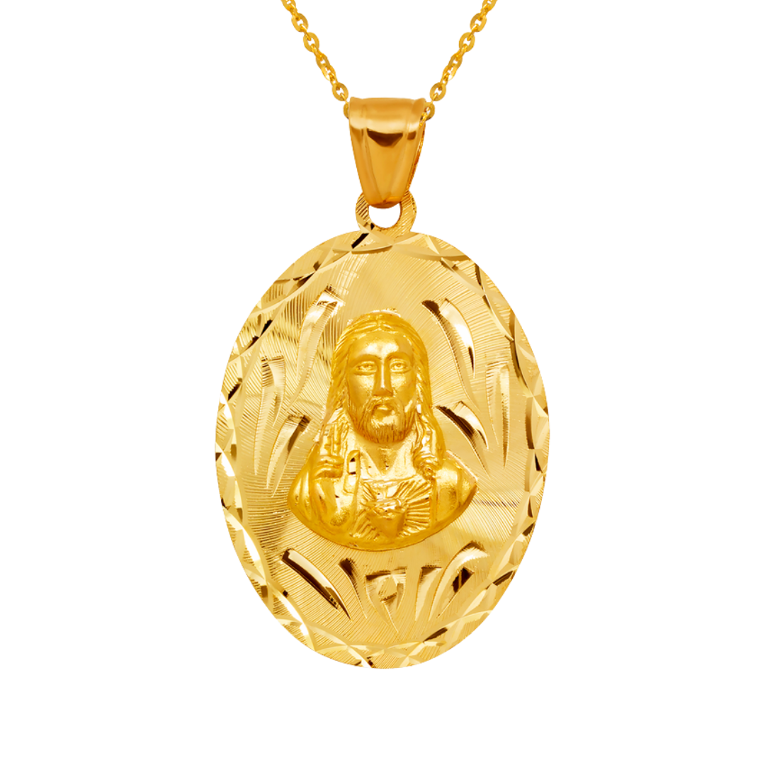 14K Yellow,Tricolor Gold Diamond Cut Oval Sacred Heart Scapular Pendant