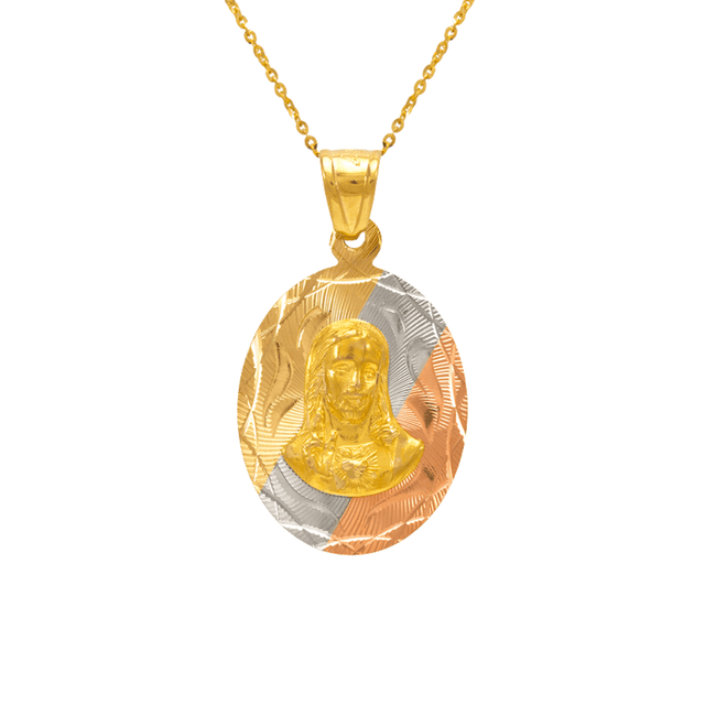 14K Yellow,Tricolor Gold Diamond Cut Oval Sacred Heart Scapular Pendant