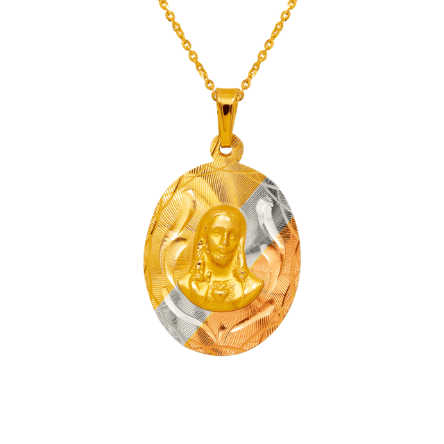 14K Yellow,Tricolor Gold Diamond Cut Oval Sacred Heart Scapular Pendant