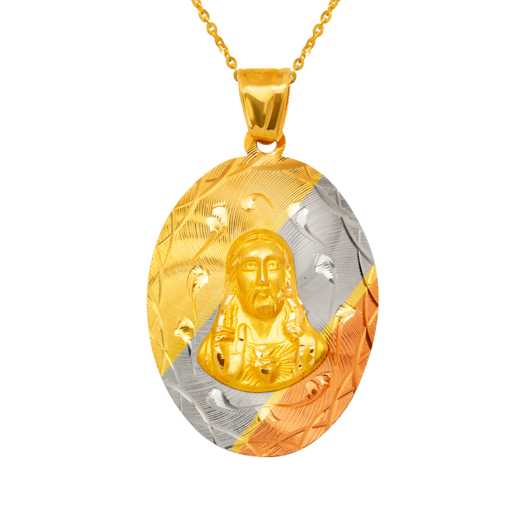 14K Yellow,Tricolor Gold Diamond Cut Oval Sacred Heart Scapular Pendant