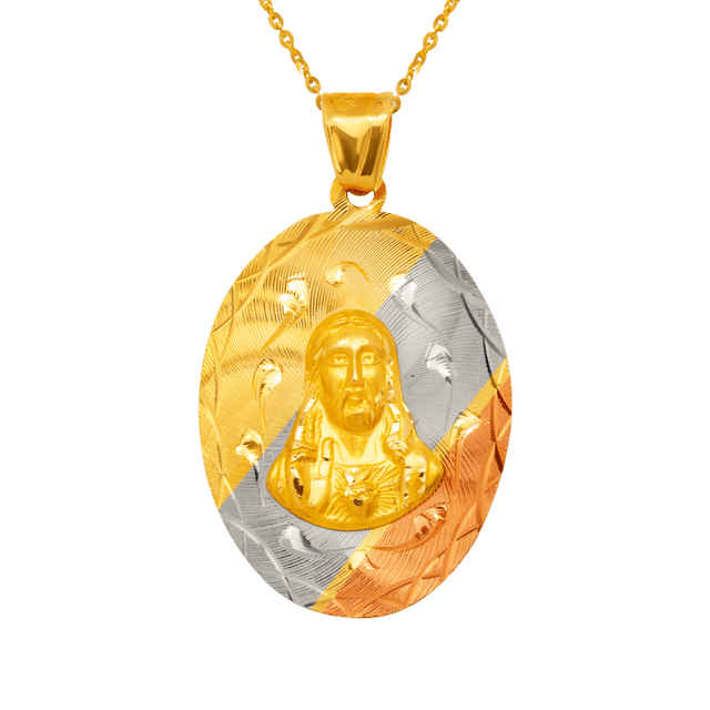 14K Yellow,Tricolor Gold Diamond Cut Oval Sacred Heart Scapular Pendant