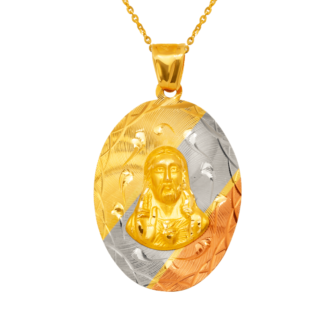 14K Yellow,Tricolor Gold Diamond Cut Oval Sacred Heart Scapular Pendant