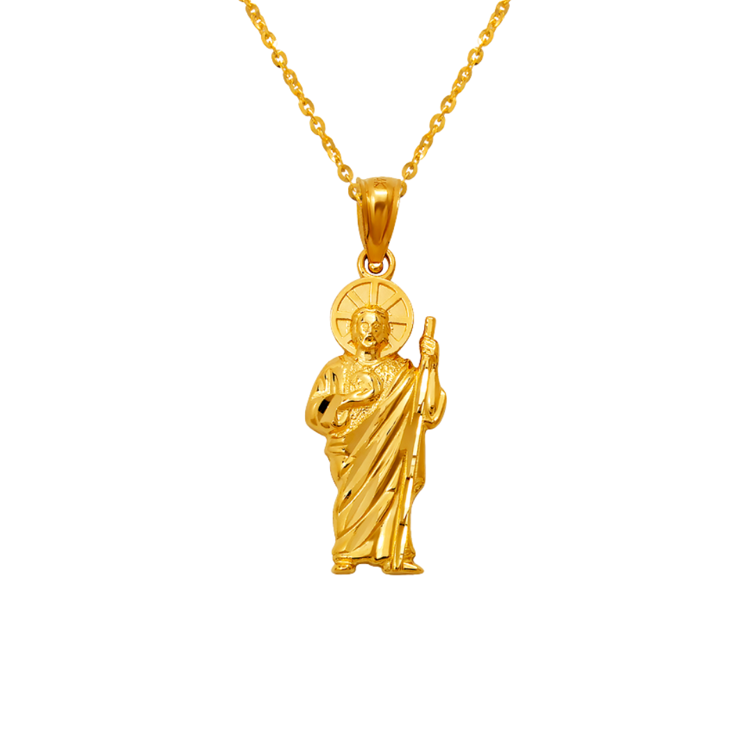 14K Yellow Gold High Polished Diamond Cut San Judas Religious Pendant