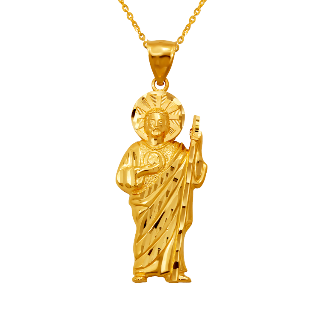 14K Yellow Gold High Polished Diamond Cut San Judas Religious Pendant