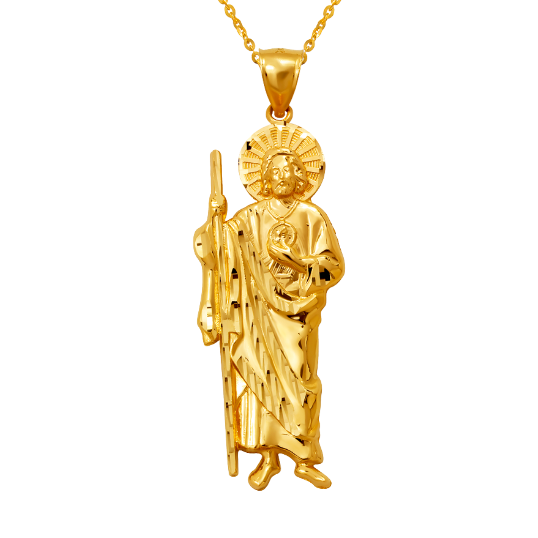 14K Yellow Gold High Polished Diamond Cut San Judas Religious Pendant