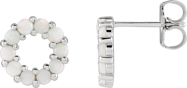 Platinum Round Natural White Opal Halo-Style Cabochon Earrings