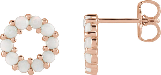 14K Gold Round Natural White Opal Halo-Style Cabochon Earrings - Rose Gold