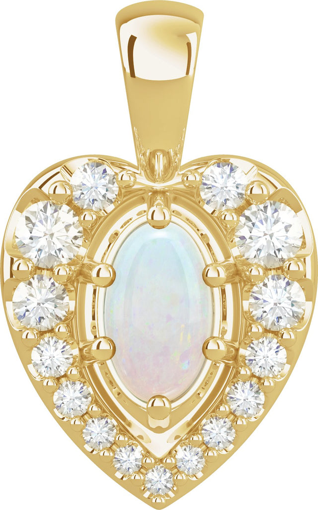 14K Gold Oval Natural White Opal & Natural Diamond Halo-Style Cabochon Necklace or Pendant – 1/8 CTW - Yellow Gold