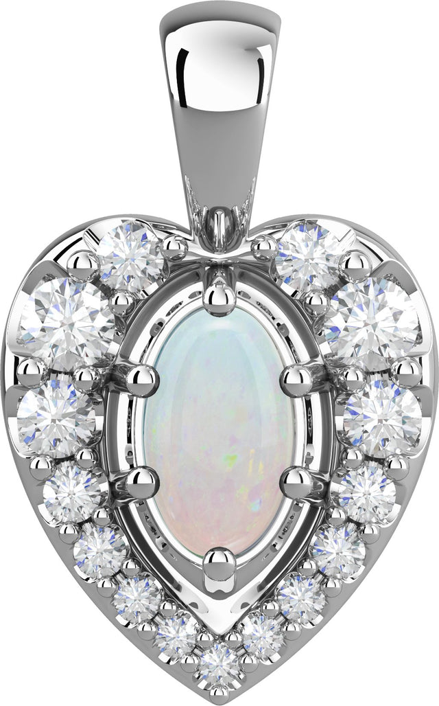 14K Gold Oval Natural White Opal & Natural Diamond Halo-Style Cabochon Necklace or Pendant – 1/8 CTW - White Gold