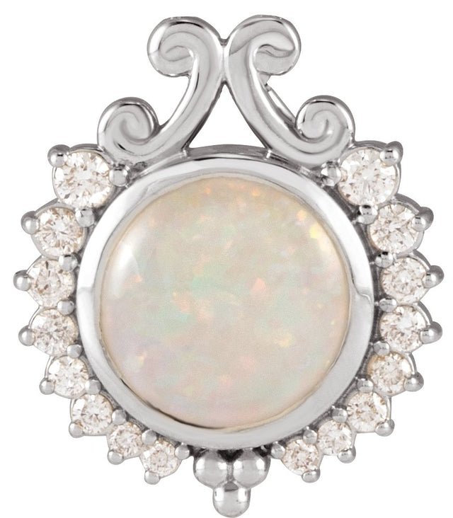 14K Gold Round Natural White Opal & Natural Diamond Cabochon Necklace or Pendant - White Gold