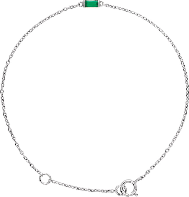 14K Gold Straight Baguette Natural Emerald Baguette Bracelet - White Gold