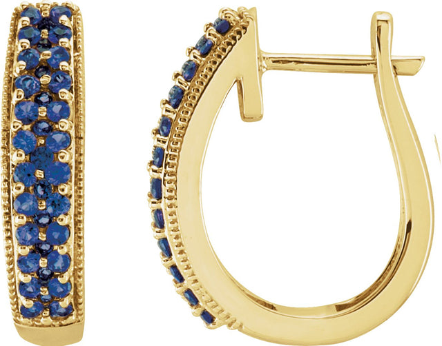 14K Gold Round Natural Blue Sapphire Accented U-Hoop Earrings - Yellow Gold