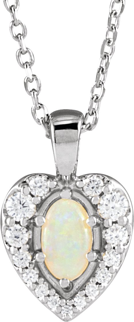 14K Gold Oval Natural White Opal & Natural Diamond Halo-Style Cabochon Necklace or Pendant – 1/8 CTW - White Gold