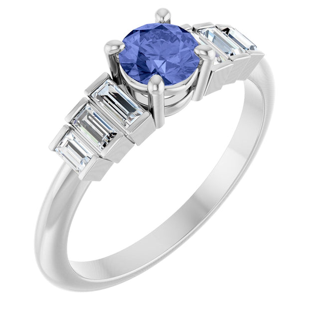 14K Gold Round Natural Tanzanite & Natural Diamond Accented Ring - White Gold
