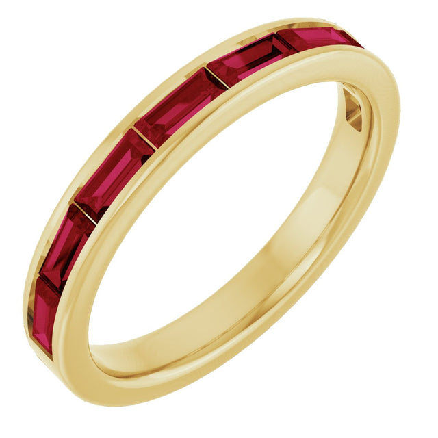 14K Gold Lab-Grown Ruby Straight Baguette Stackable Ring - Yellow Gold