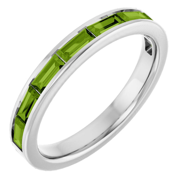14K Gold Natural Peridot Straight Baguette Stackable Ring - White Gold