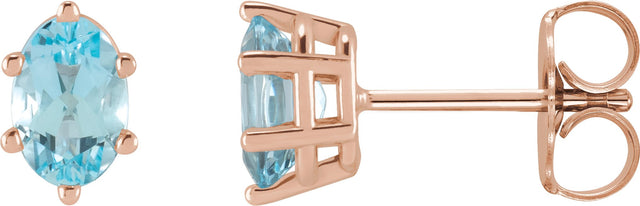 14K Gold Natural Sky Blue Topaz Oval 6-Prong Stud Earrings - Rose Gold