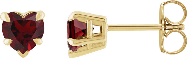 14K Gold Natural Mozambique Garnet Heart 5-Prong Claw V-End Stud Earrings - Yellow Gold