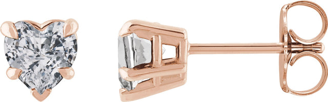 14K Gold Natural White Sapphire Heart 5-Prong Claw V-End Stud Earrings - Rose Gold