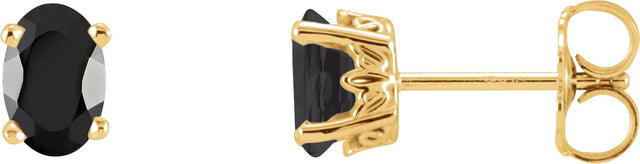 14K Gold Natural Black Onyx Oval 4-Prong Scroll Setting Stud Earrings - Yellow Gold
