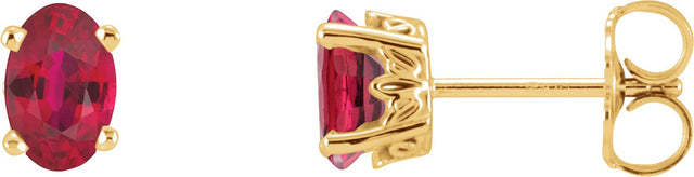 14K Gold Lab-Grown Ruby Oval 4-Prong Scroll Setting Stud Earrings - Yellow Gold