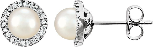 14K Gold Pearl Cultured White Freshwater Pearl & Natural Diamond Round 4-Prong Halo-Style Birthstone Earrings