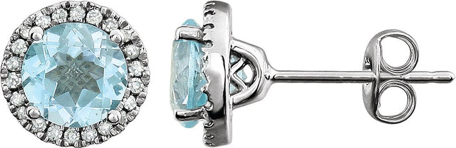 14K Gold Natural Sky Blue Topaz & Natural Diamond Round 4-Prong Halo-Style Birthstone Earrings